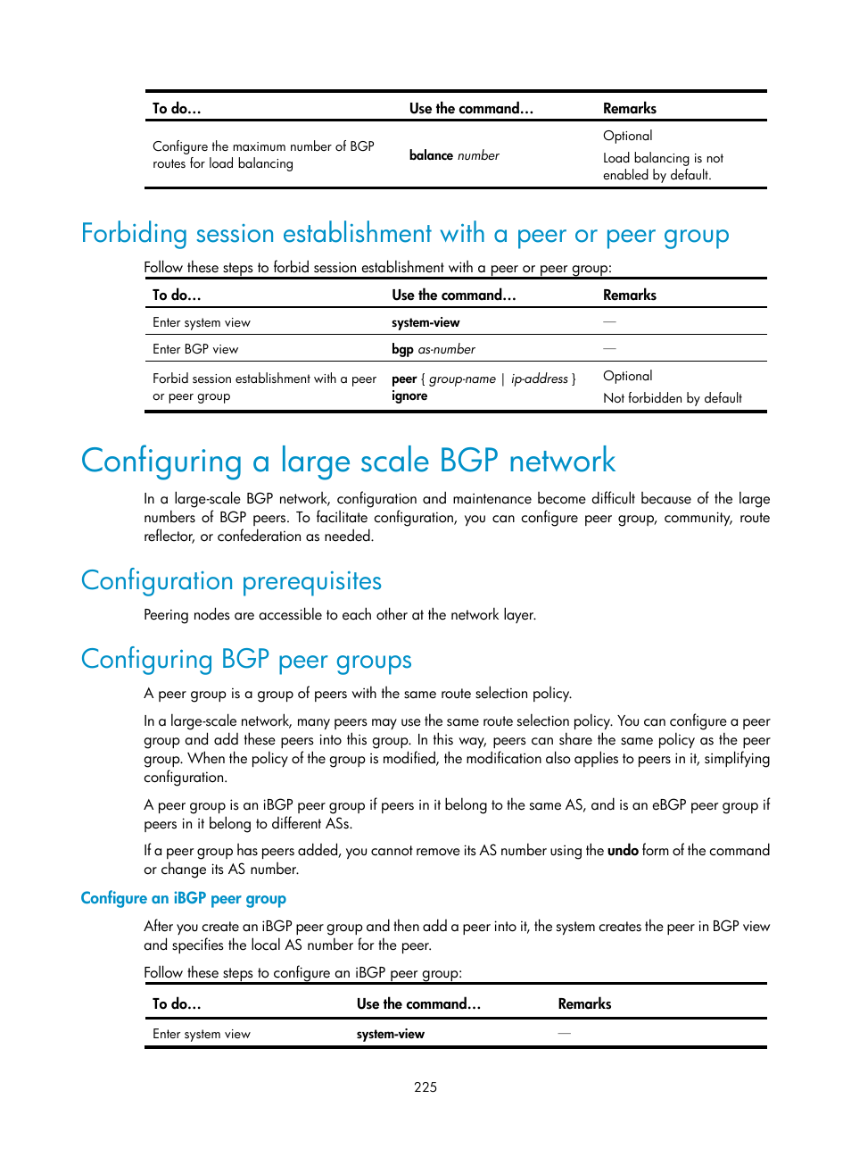 Configuring a large scale bgp network, Configuration prerequisites, Configuring bgp peer groups | Configure an ibgp peer group, Forbiding session establishment with a peer or, Peer group | H3C Technologies H3C S10500 Series Switches User Manual | Page 240 / 397