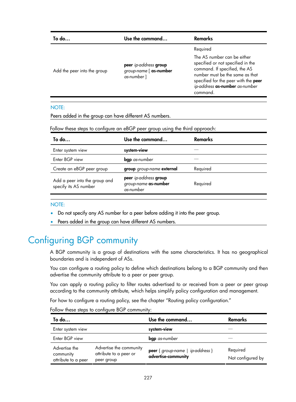 Configuring bgp community | H3C Technologies H3C S10500 Series Switches User Manual | Page 242 / 397