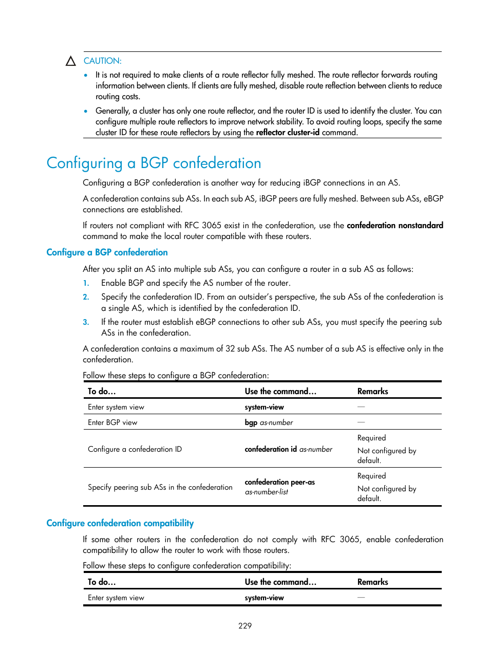 Configuring a bgp confederation, Configure a bgp confederation, Configure confederation compatibility | H3C Technologies H3C S10500 Series Switches User Manual | Page 244 / 397