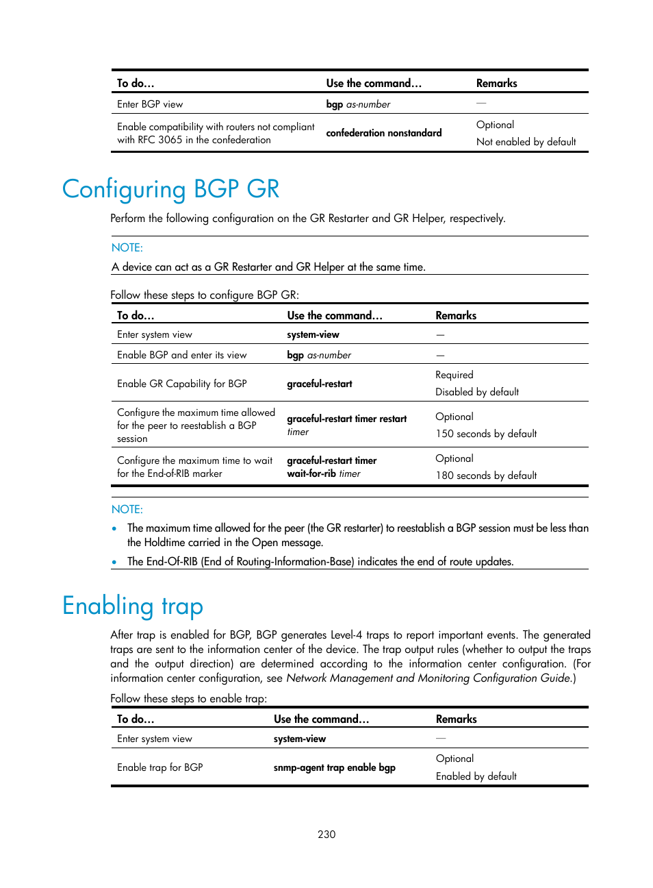 Configuring bgp gr, Enabling trap | H3C Technologies H3C S10500 Series Switches User Manual | Page 245 / 397