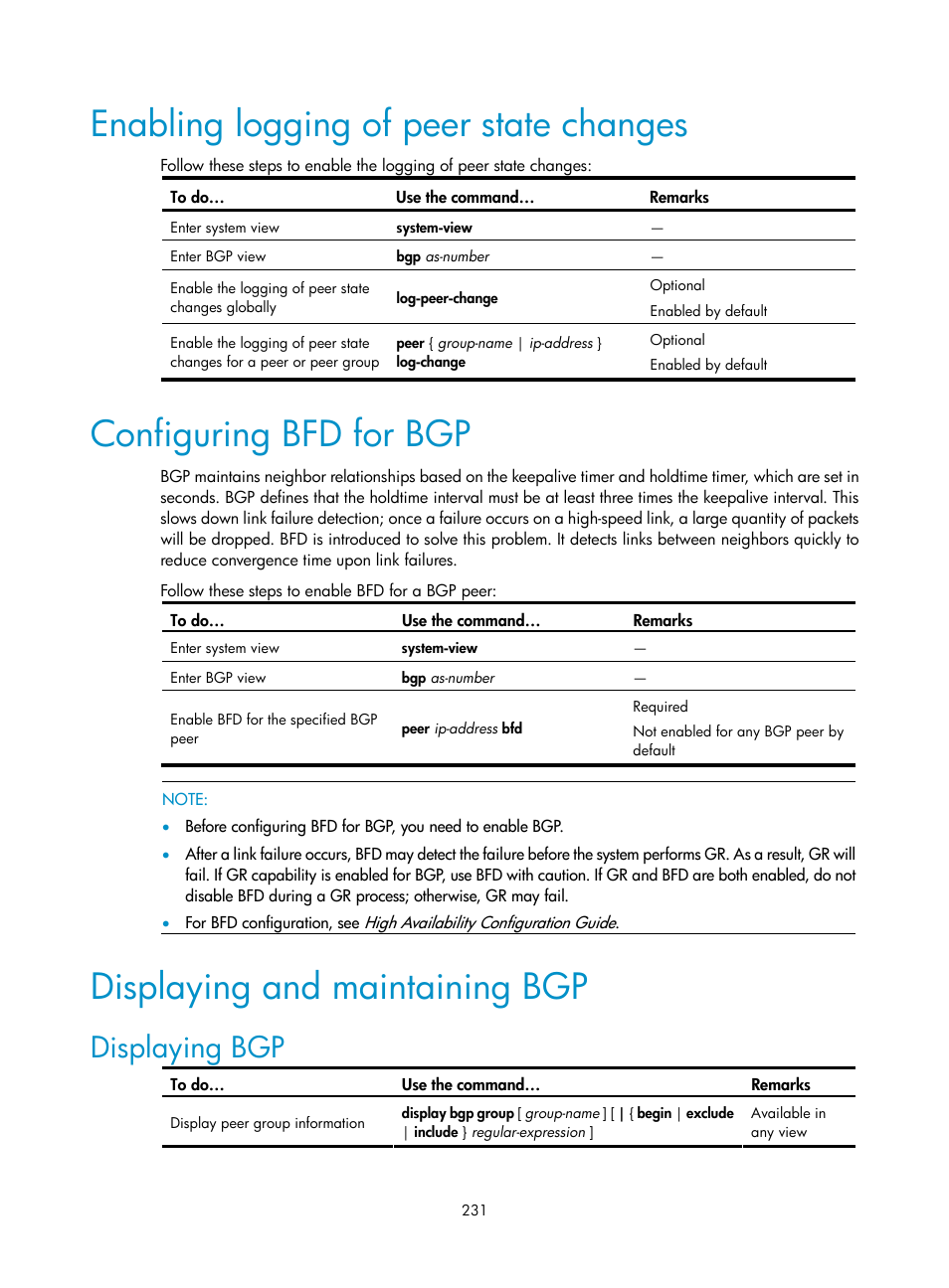 Enabling logging of peer state changes, Configuring bfd for bgp, Displaying and maintaining bgp | Displaying bgp | H3C Technologies H3C S10500 Series Switches User Manual | Page 246 / 397