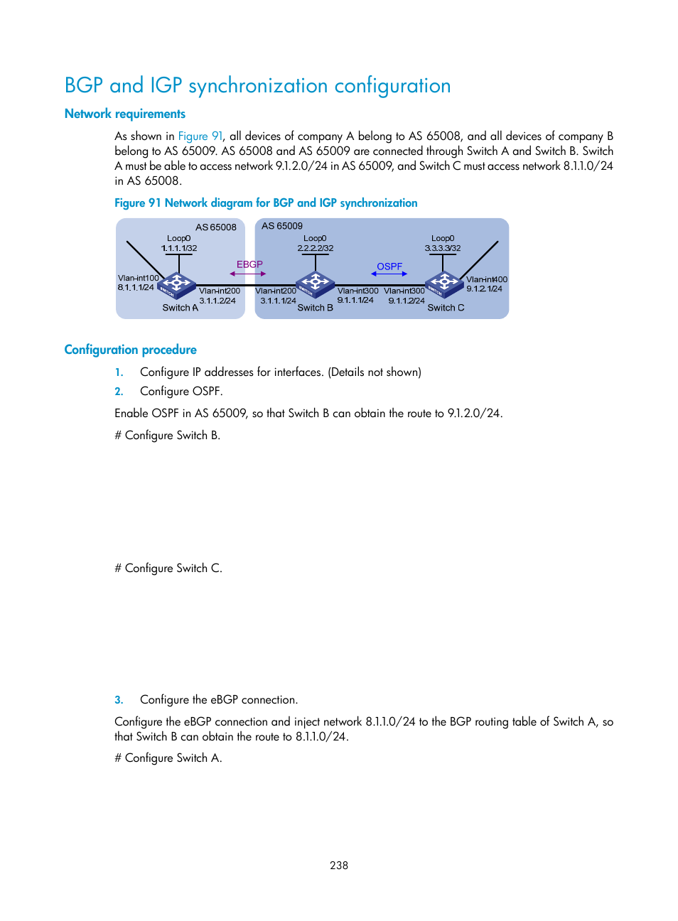 Bgp and igp synchronization configuration, Network requirements, Configuration procedure | H3C Technologies H3C S10500 Series Switches User Manual | Page 253 / 397