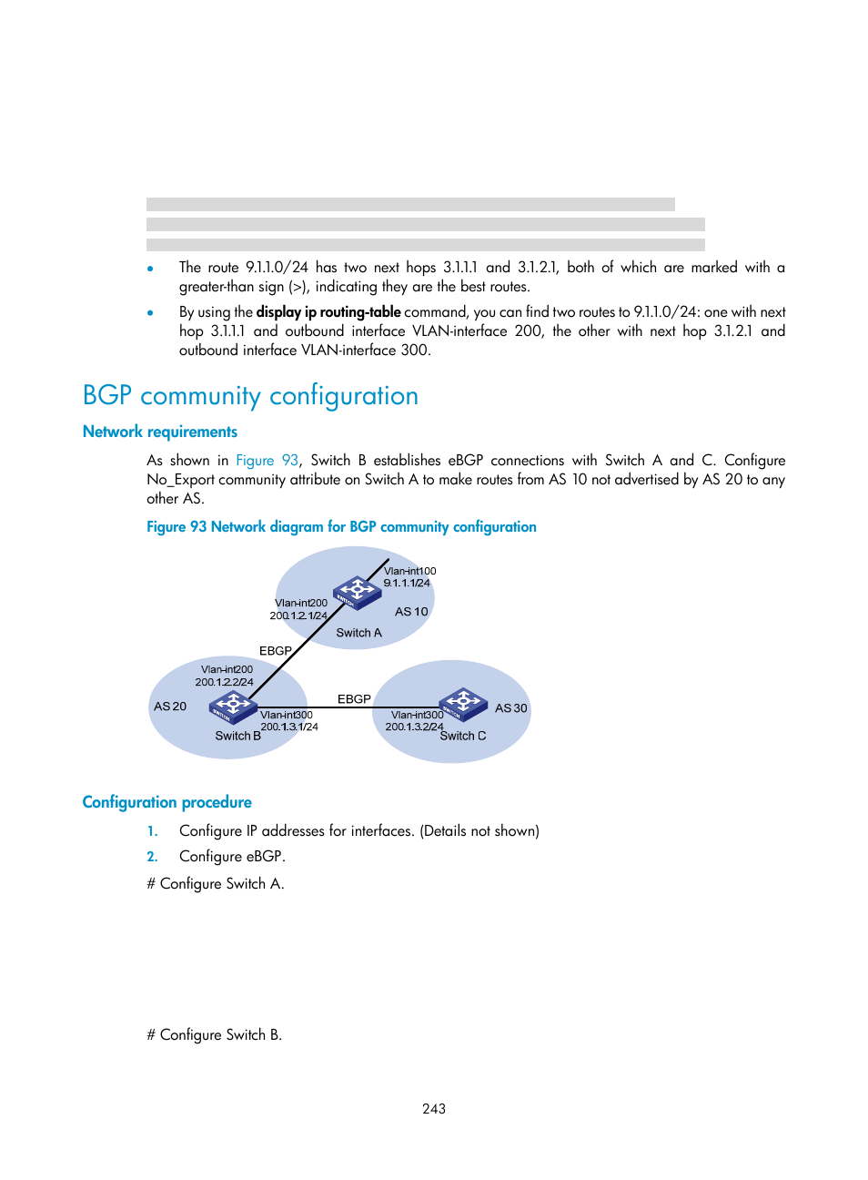 Bgp community configuration, Network requirements, Configuration procedure | H3C Technologies H3C S10500 Series Switches User Manual | Page 258 / 397