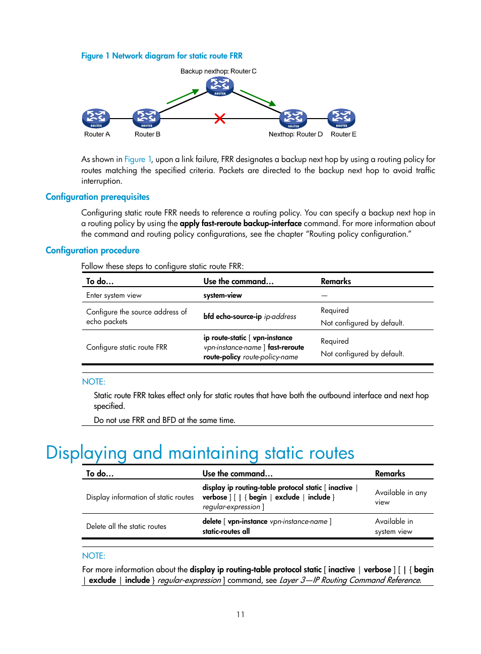 Configuration prerequisites, Configuration procedure, Displaying and maintaining static routes | H3C Technologies H3C S10500 Series Switches User Manual | Page 26 / 397