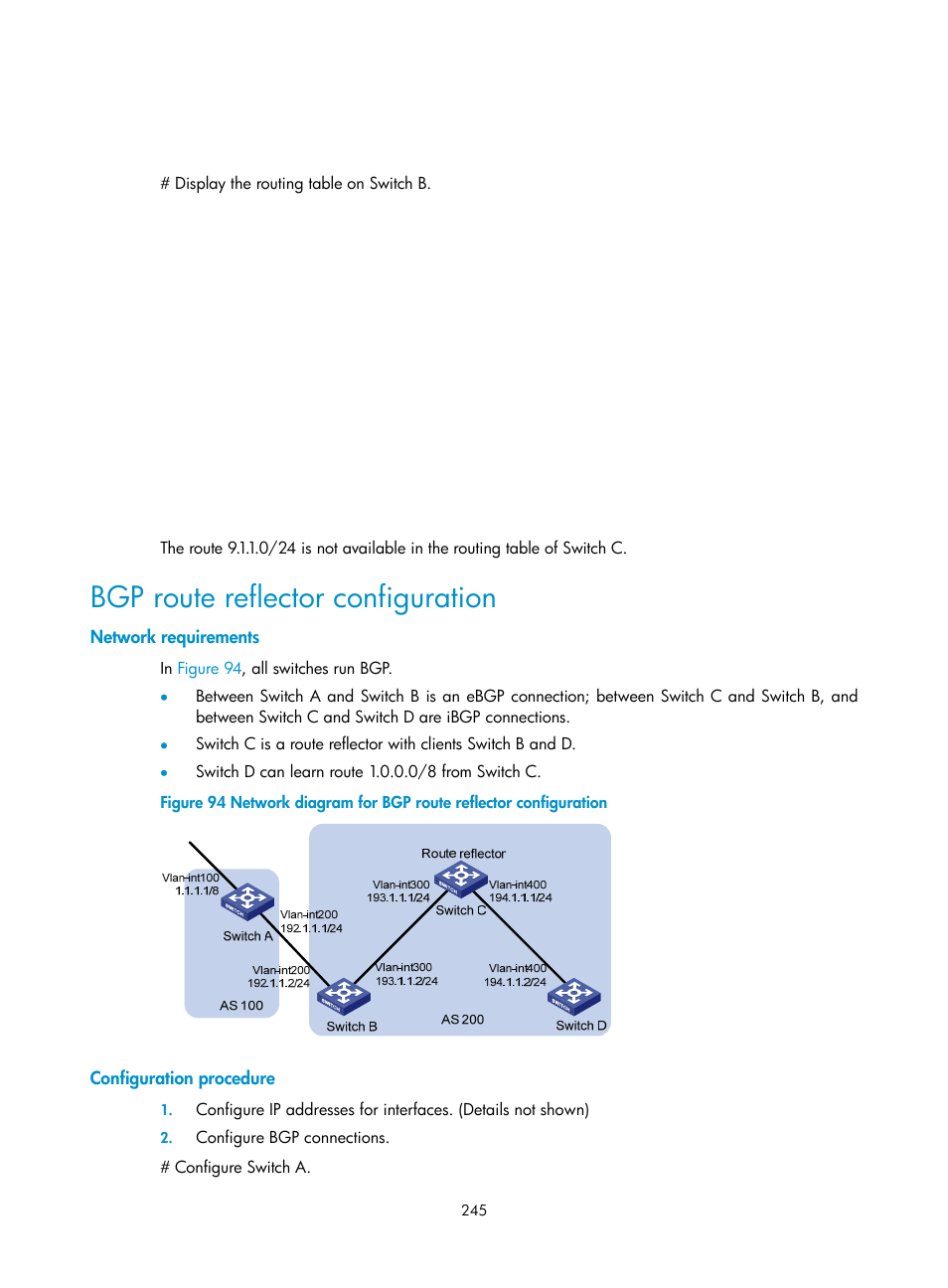 Bgp route reflector configuration, Network requirements, Configuration procedure | H3C Technologies H3C S10500 Series Switches User Manual | Page 260 / 397