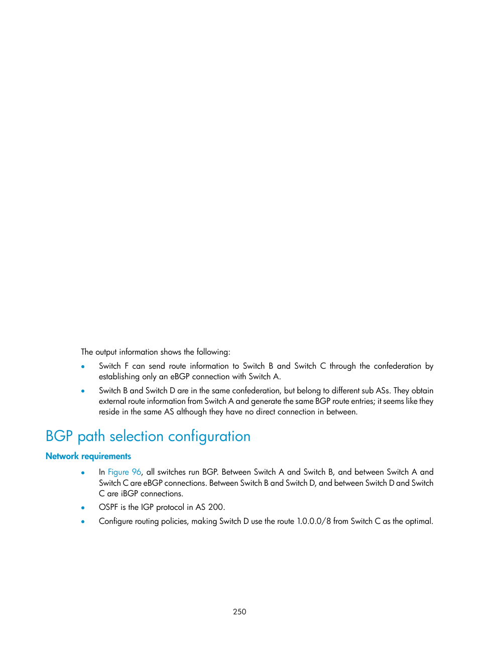 Bgp path selection configuration, Network requirements | H3C Technologies H3C S10500 Series Switches User Manual | Page 265 / 397