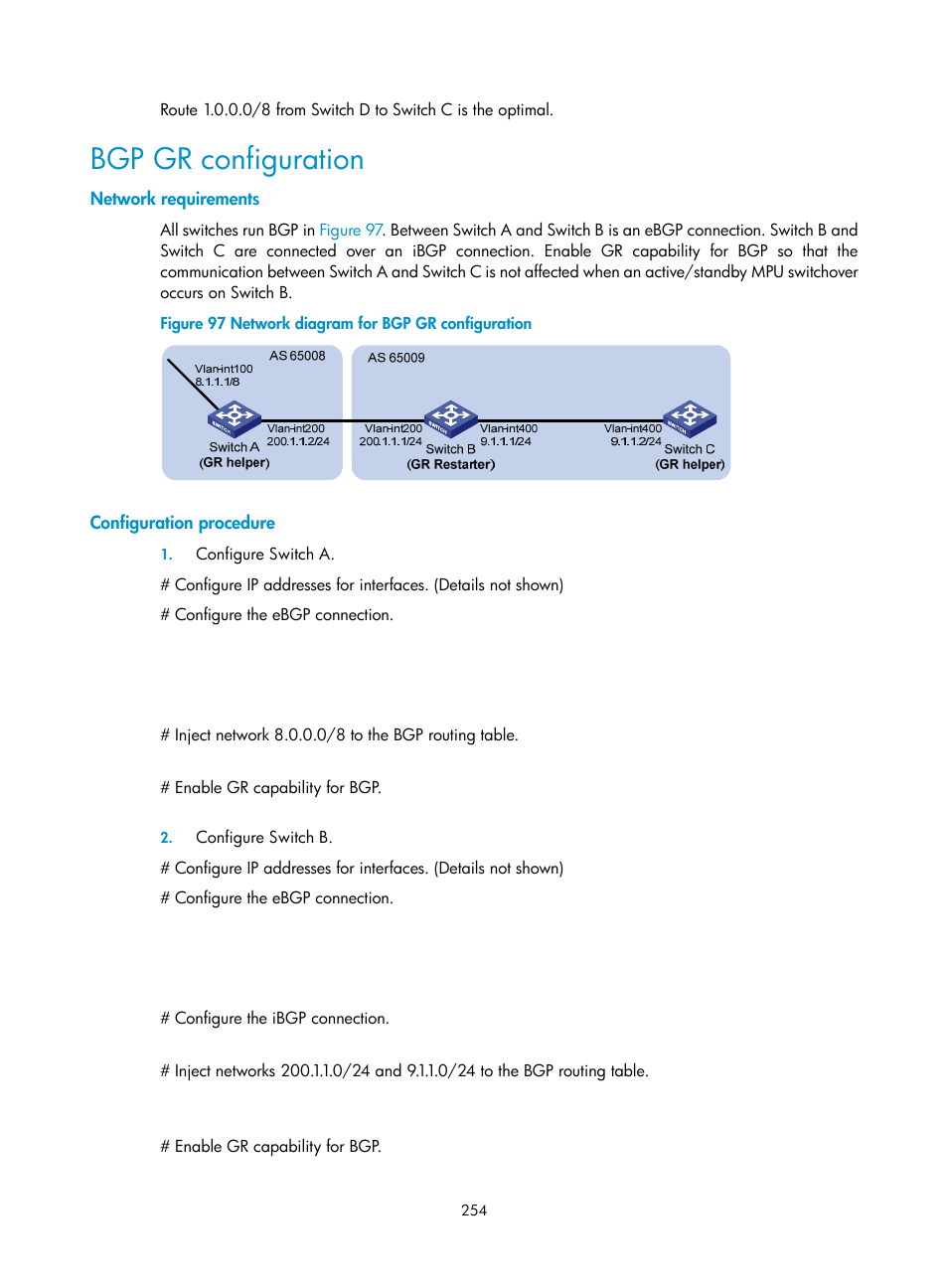 Bgp gr configuration, Network requirements, Configuration procedure | H3C Technologies H3C S10500 Series Switches User Manual | Page 269 / 397