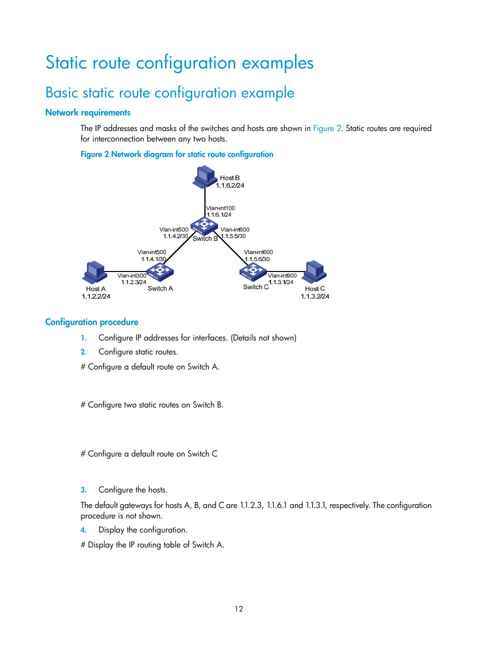 Static route configuration examples, Basic static route configuration example, Network requirements | Configuration procedure | H3C Technologies H3C S10500 Series Switches User Manual | Page 27 / 397