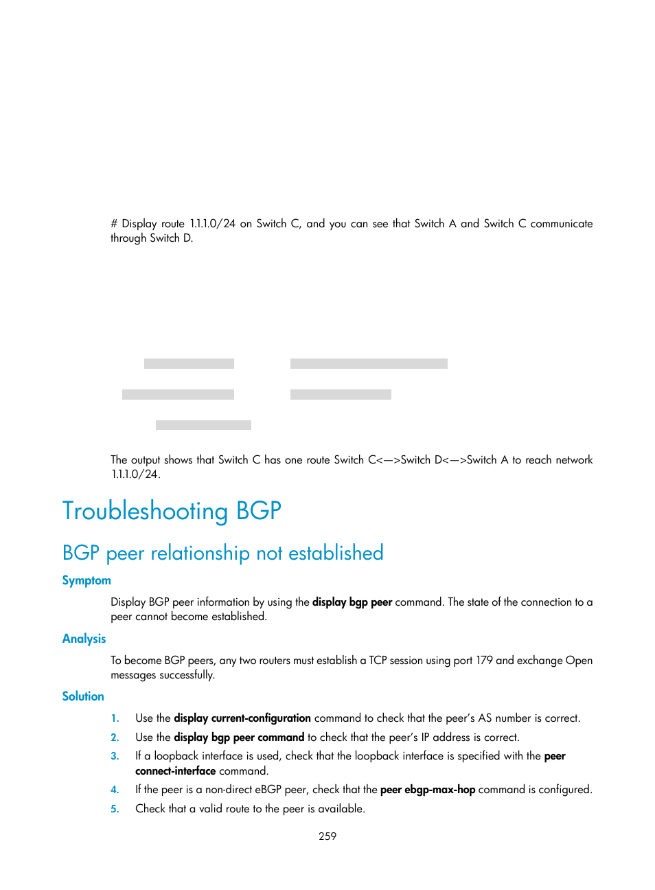 Troubleshooting bgp, Bgp peer relationship not established, Symptom | Analysis, Solution | H3C Technologies H3C S10500 Series Switches User Manual | Page 274 / 397