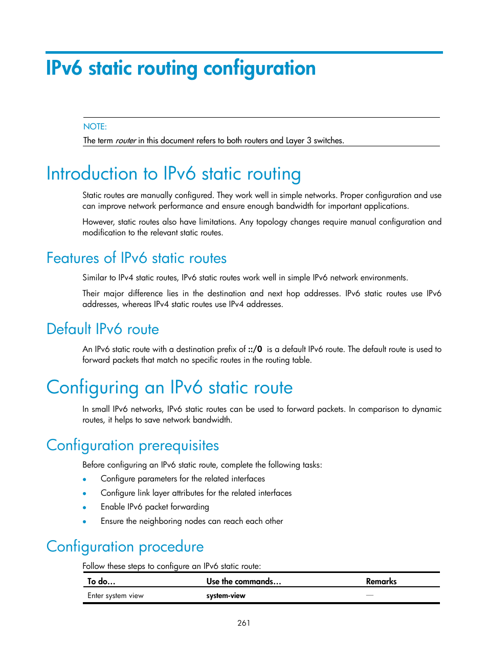 Ipv6 static routing configuration, Introduction to ipv6 static routing, Features of ipv6 static routes | Default ipv6 route, Configuring an ipv6 static route, Configuration prerequisites, Configuration procedure | H3C Technologies H3C S10500 Series Switches User Manual | Page 276 / 397