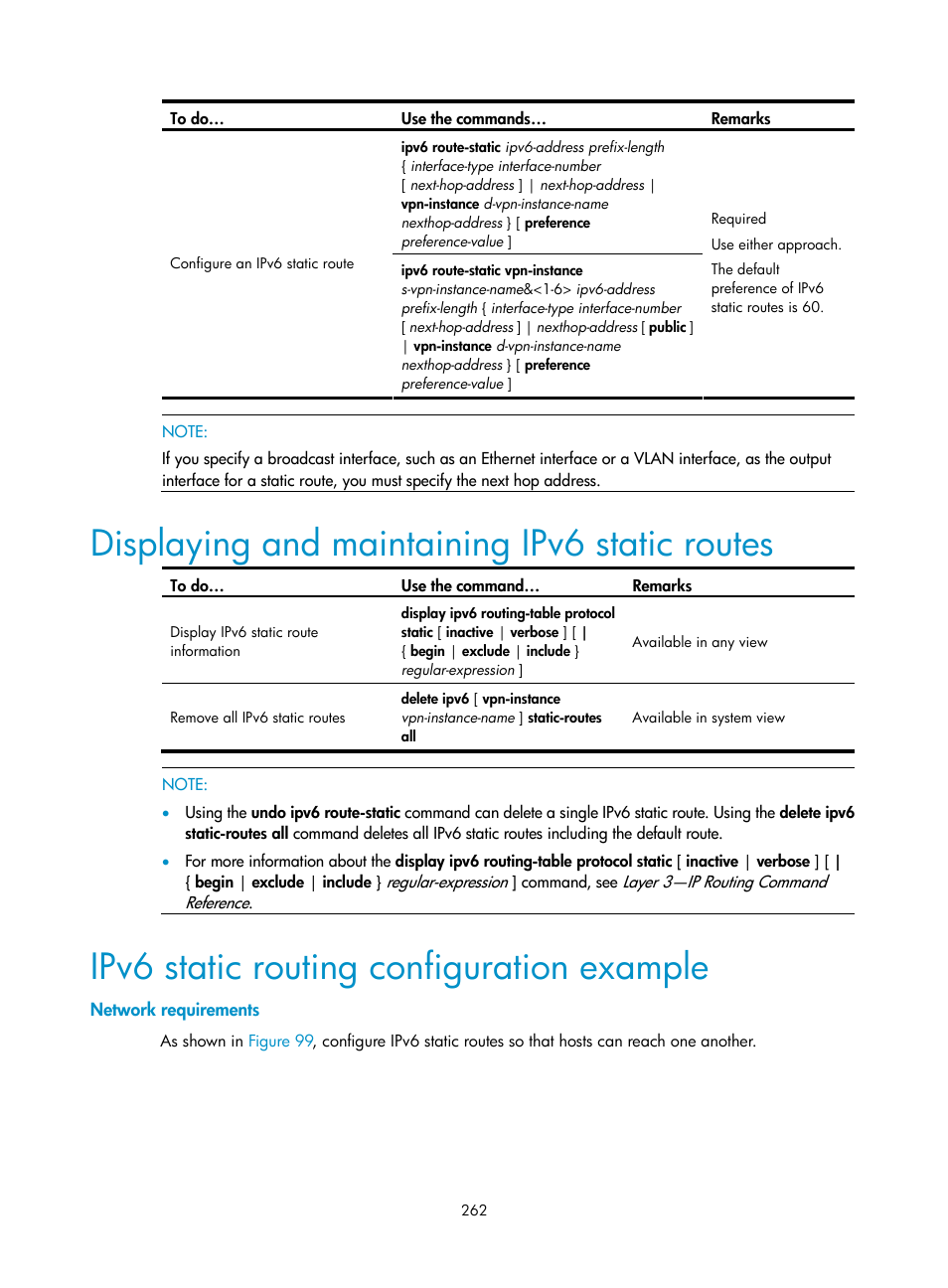 Displaying and maintaining ipv6 static routes, Ipv6 static routing configuration example, Network requirements | H3C Technologies H3C S10500 Series Switches User Manual | Page 277 / 397
