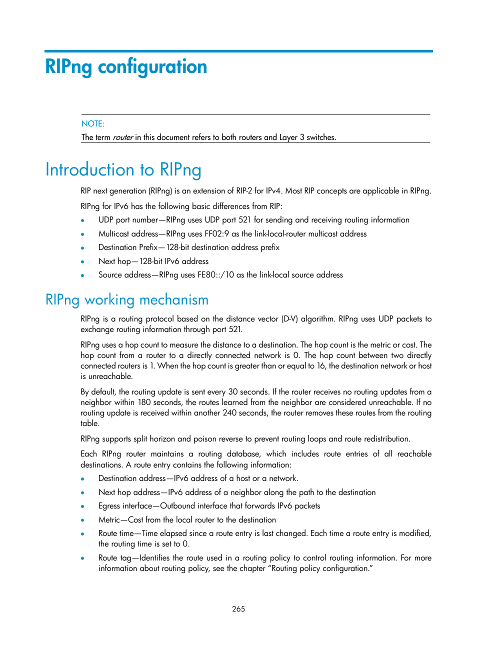 Ripng configuration, Introduction to ripng, Ripng working mechanism | H3C Technologies H3C S10500 Series Switches User Manual | Page 280 / 397