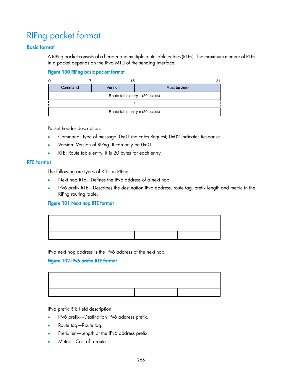 Ripng packet format, Basic format, Rte format | H3C Technologies H3C S10500 Series Switches User Manual | Page 281 / 397