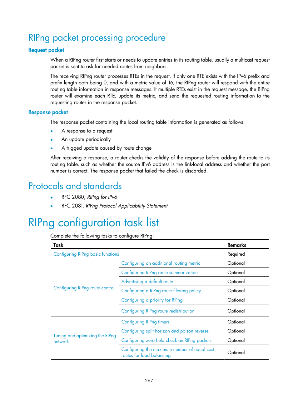 Ripng packet processing procedure, Request packet, Response packet | Protocols and standards, Ripng configuration task list | H3C Technologies H3C S10500 Series Switches User Manual | Page 282 / 397
