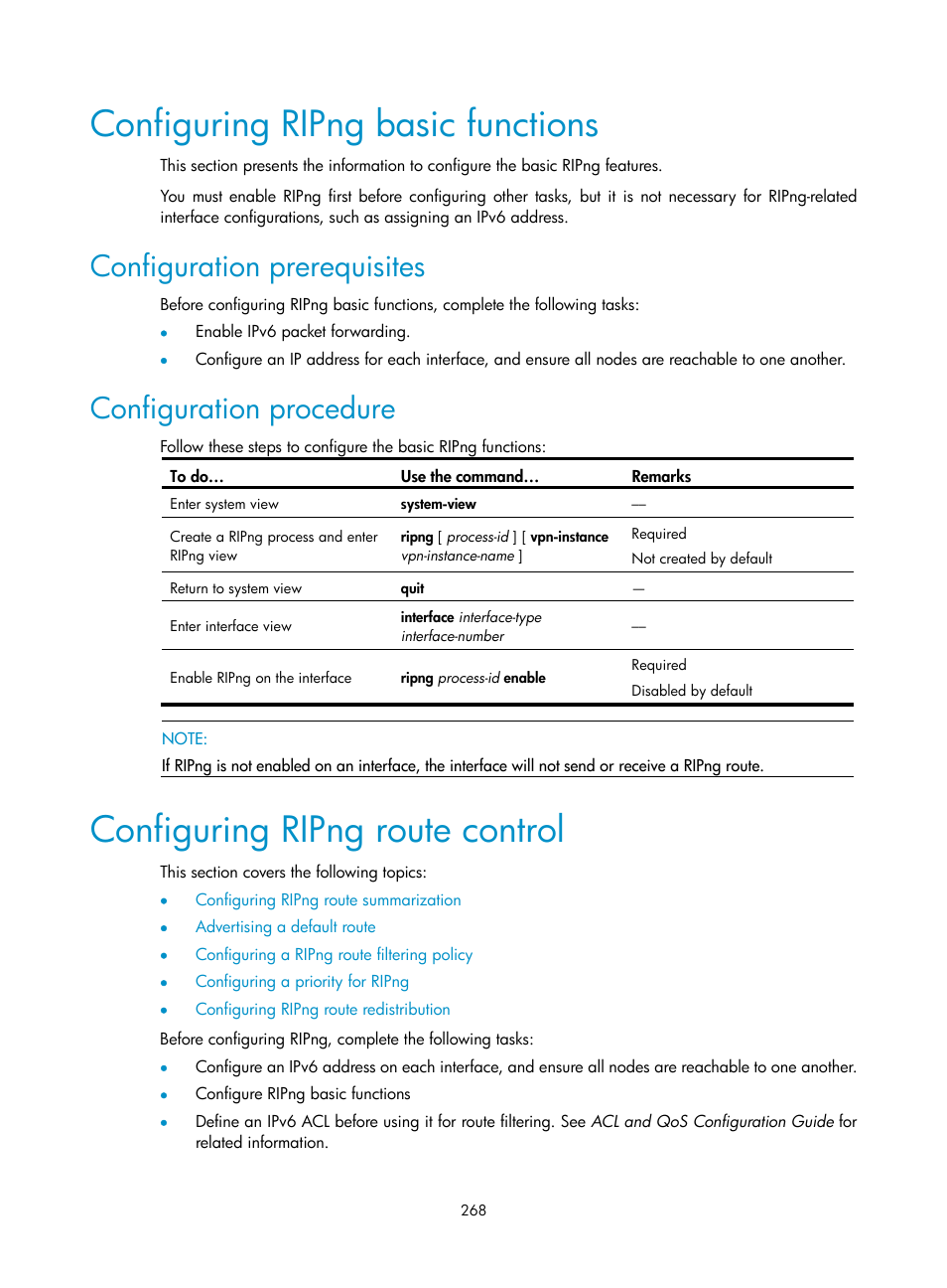 Configuring ripng basic functions, Configuration prerequisites, Configuration procedure | Configuring ripng route control | H3C Technologies H3C S10500 Series Switches User Manual | Page 283 / 397