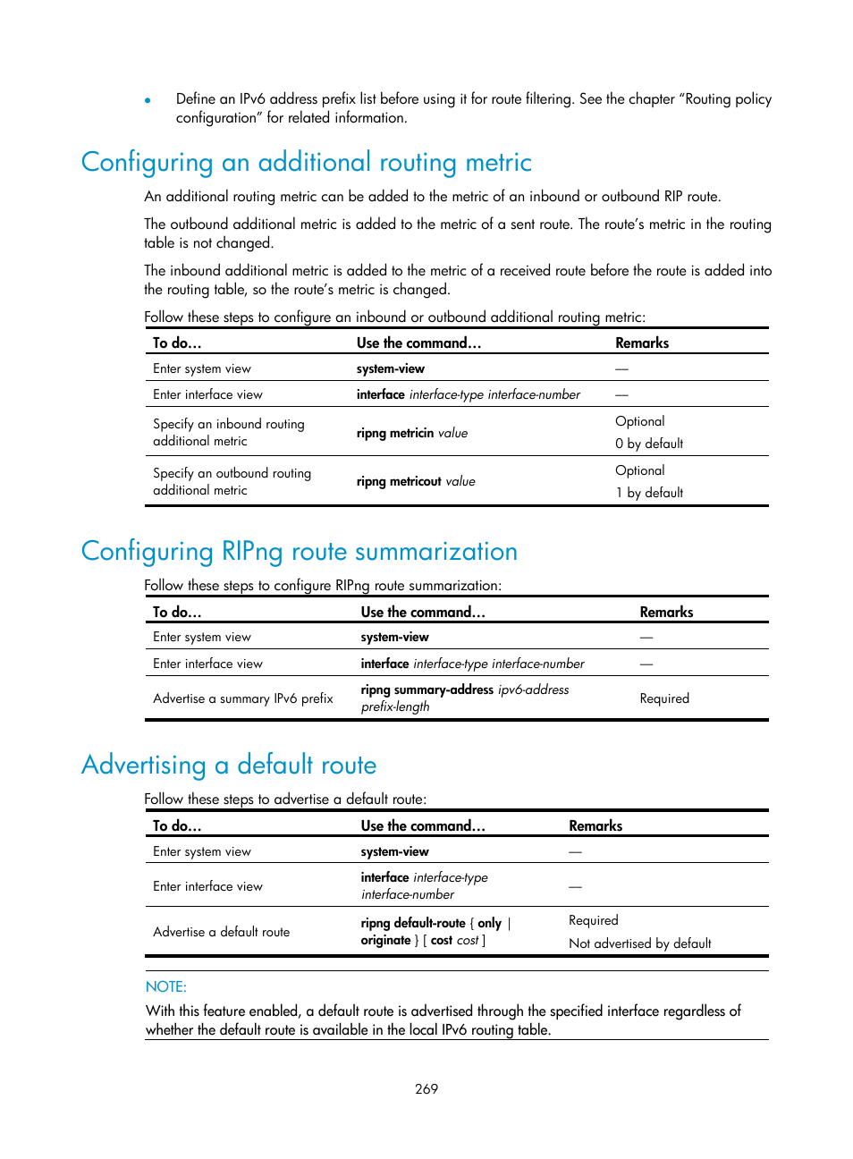 Configuring an additional routing metric, Configuring ripng route summarization, Advertising a default route | H3C Technologies H3C S10500 Series Switches User Manual | Page 284 / 397