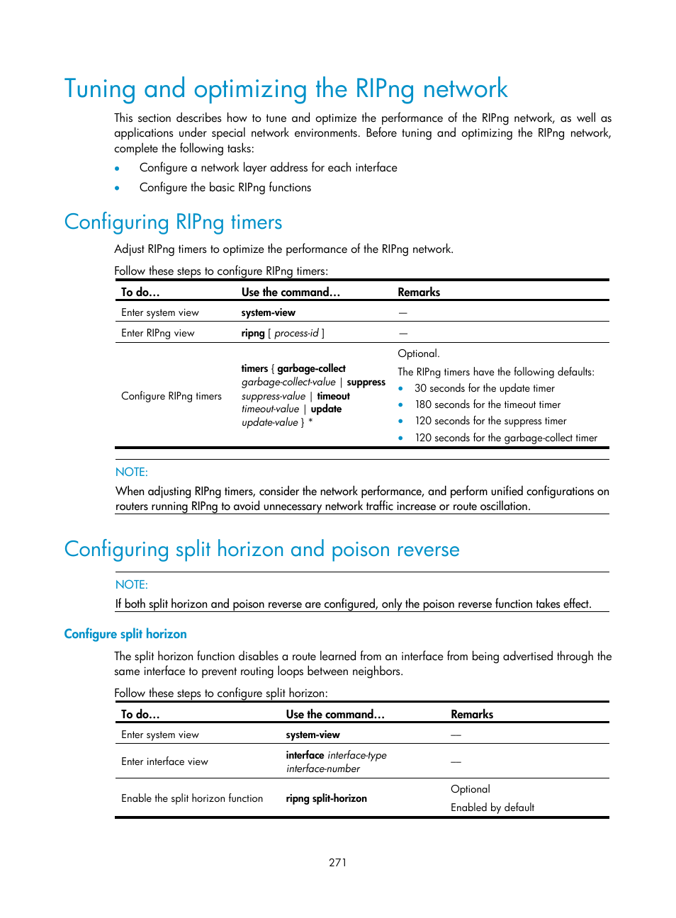 Tuning and optimizing the ripng network, Configuring ripng timers, Configuring split horizon and poison reverse | Configure split horizon | H3C Technologies H3C S10500 Series Switches User Manual | Page 286 / 397