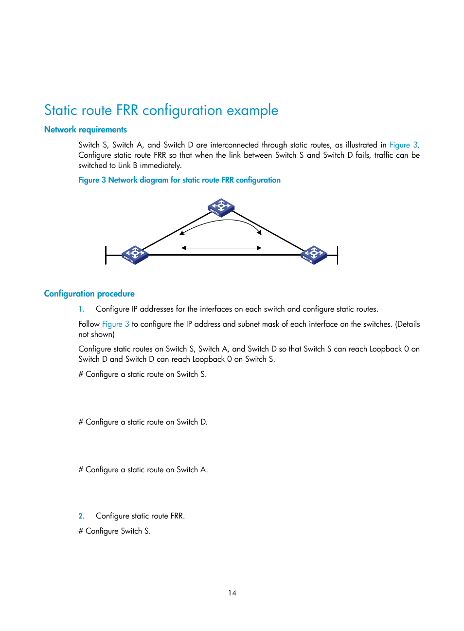 Static route frr configuration example, Network requirements, Configuration procedure | H3C Technologies H3C S10500 Series Switches User Manual | Page 29 / 397