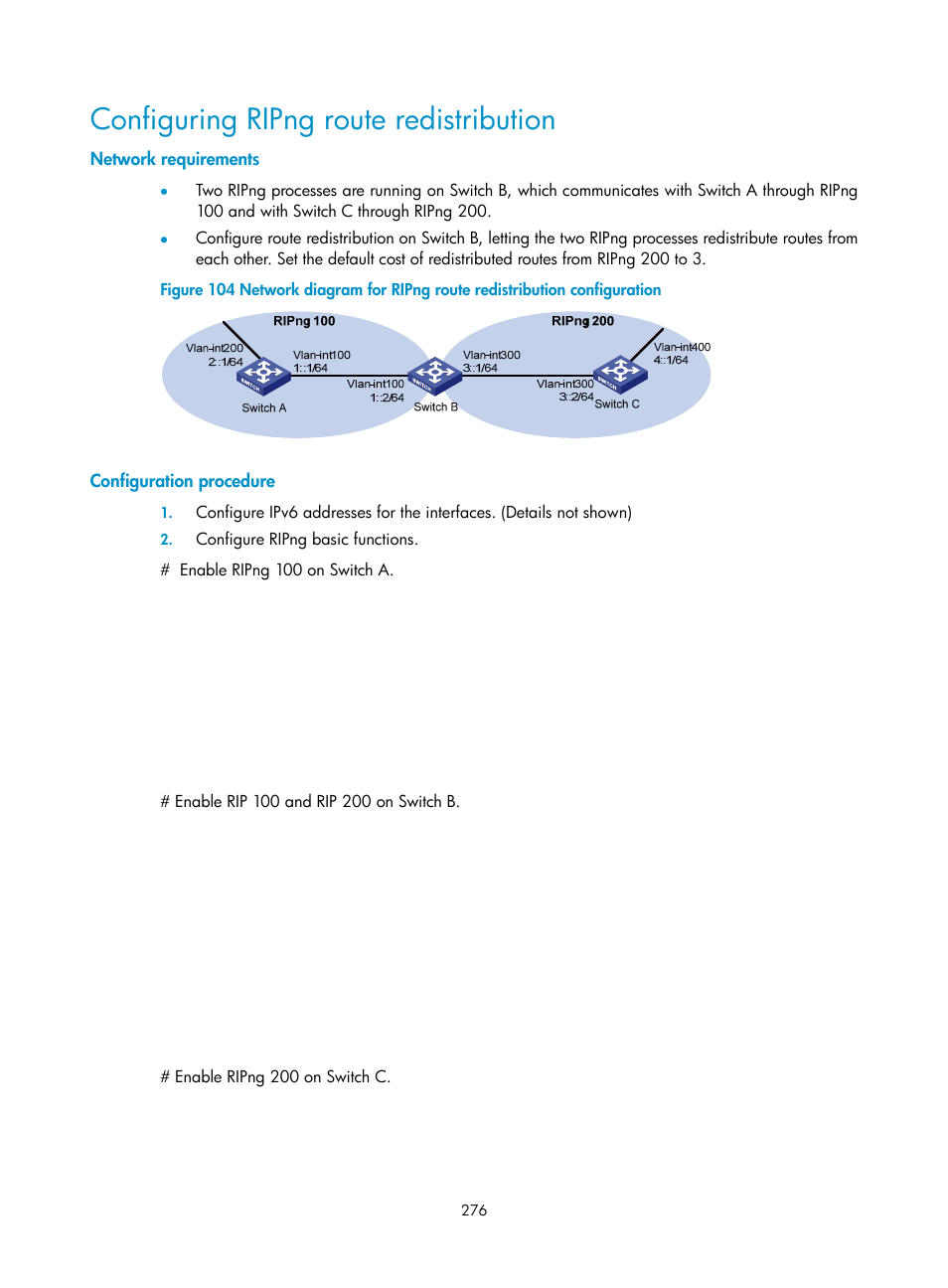 Configuring ripng route redistribution, Network requirements, Configuration procedure | H3C Technologies H3C S10500 Series Switches User Manual | Page 291 / 397