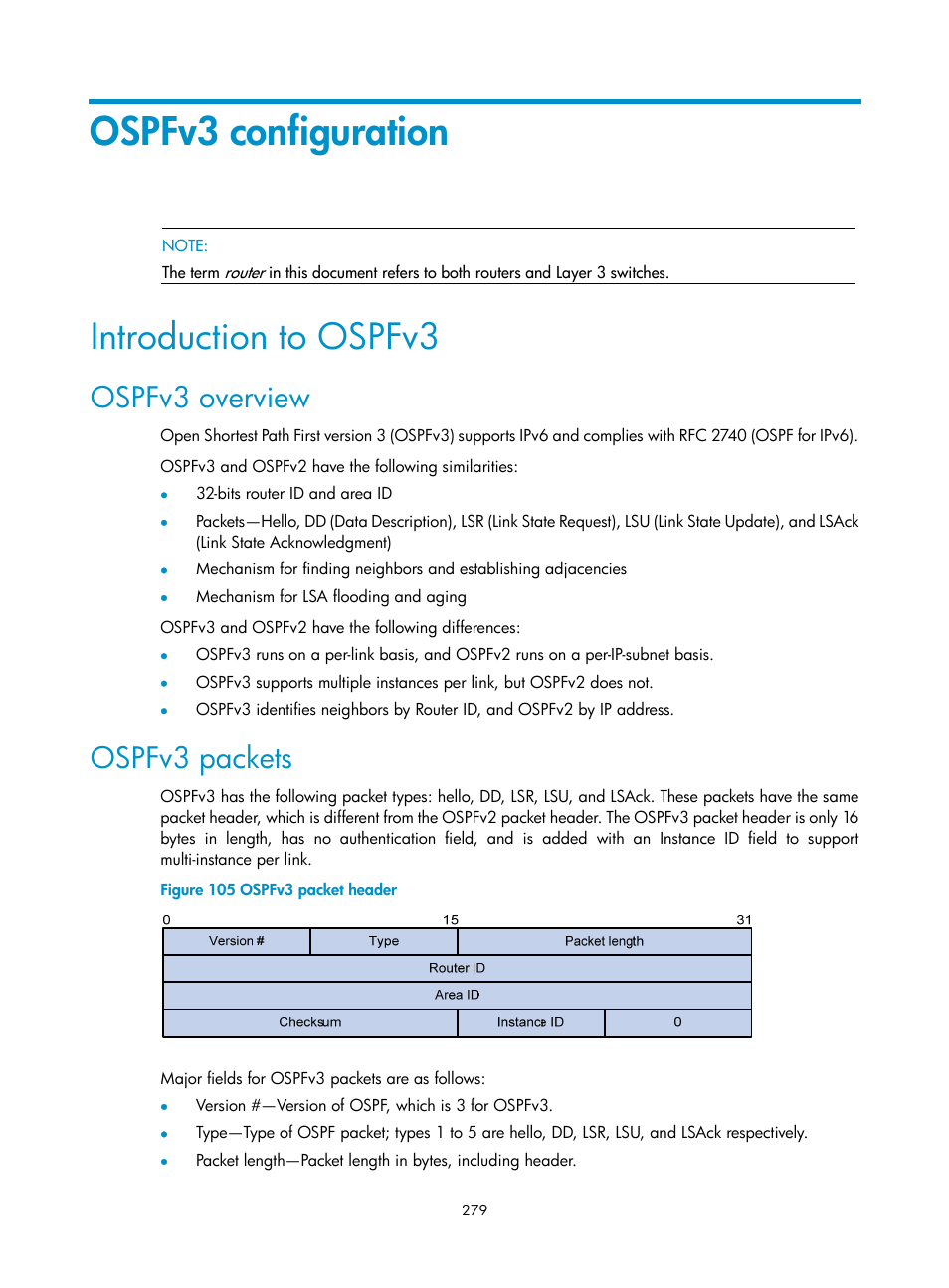 Ospfv3 configuration, Introduction to ospfv3, Ospfv3 overview | Ospfv3 packets | H3C Technologies H3C S10500 Series Switches User Manual | Page 294 / 397