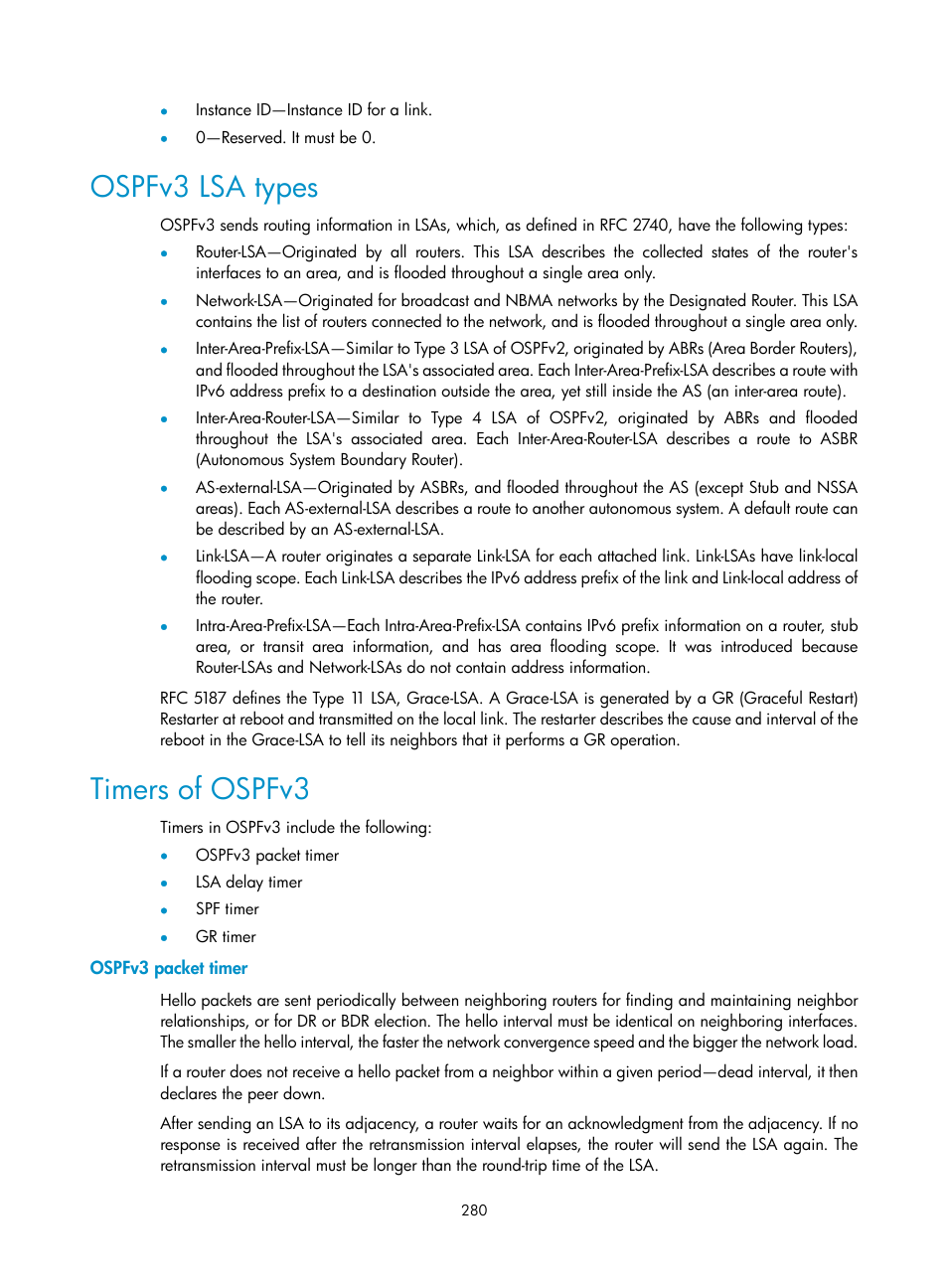 Ospfv3 lsa types, Timers of ospfv3, Ospfv3 packet timer | H3C Technologies H3C S10500 Series Switches User Manual | Page 295 / 397