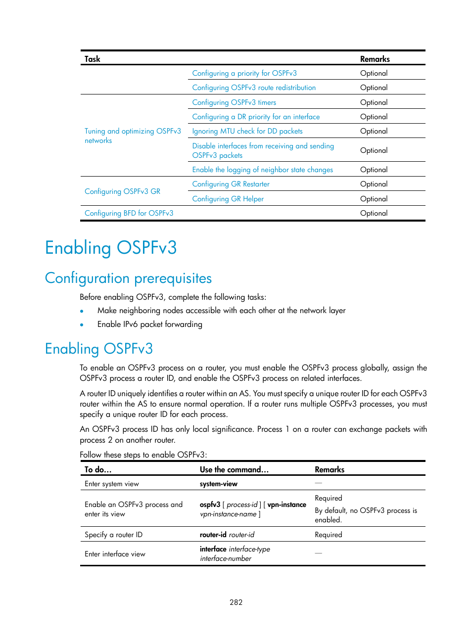 Enabling ospfv3, Configuration prerequisites | H3C Technologies H3C S10500 Series Switches User Manual | Page 297 / 397