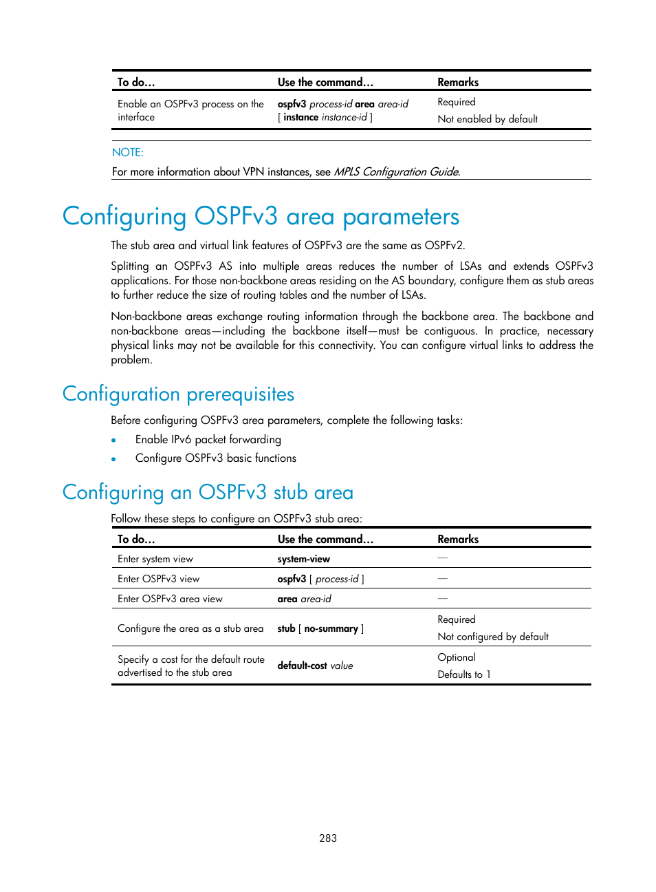 Configuring ospfv3 area parameters, Configuration prerequisites, Configuring an ospfv3 stub area | H3C Technologies H3C S10500 Series Switches User Manual | Page 298 / 397