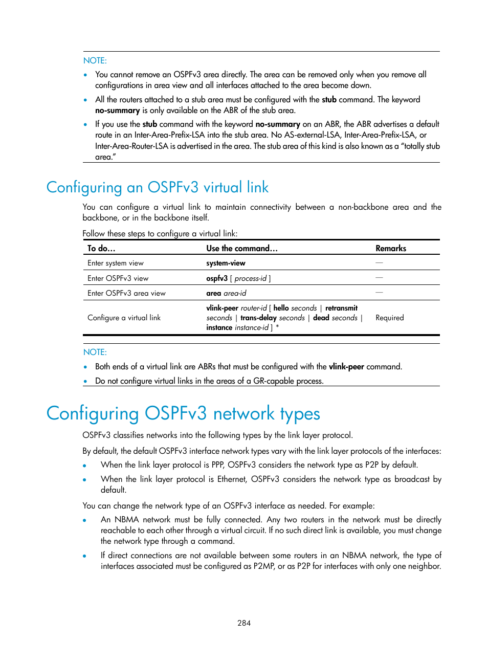 Configuring an ospfv3 virtual link, Configuring ospfv3 network types | H3C Technologies H3C S10500 Series Switches User Manual | Page 299 / 397