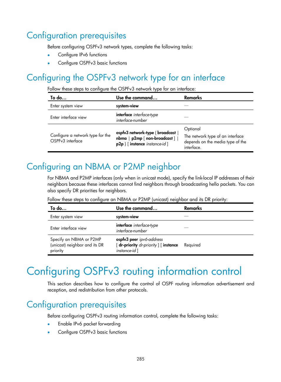 Configuration prerequisites, Configuring an nbma or p2mp neighbor, Configuring ospfv3 routing information control | H3C Technologies H3C S10500 Series Switches User Manual | Page 300 / 397