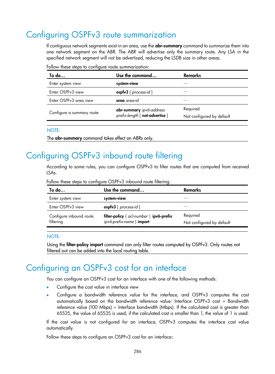 Configuring ospfv3 route summarization, Configuring ospfv3 inbound route filtering, Configuring an ospfv3 cost for an interface | H3C Technologies H3C S10500 Series Switches User Manual | Page 301 / 397