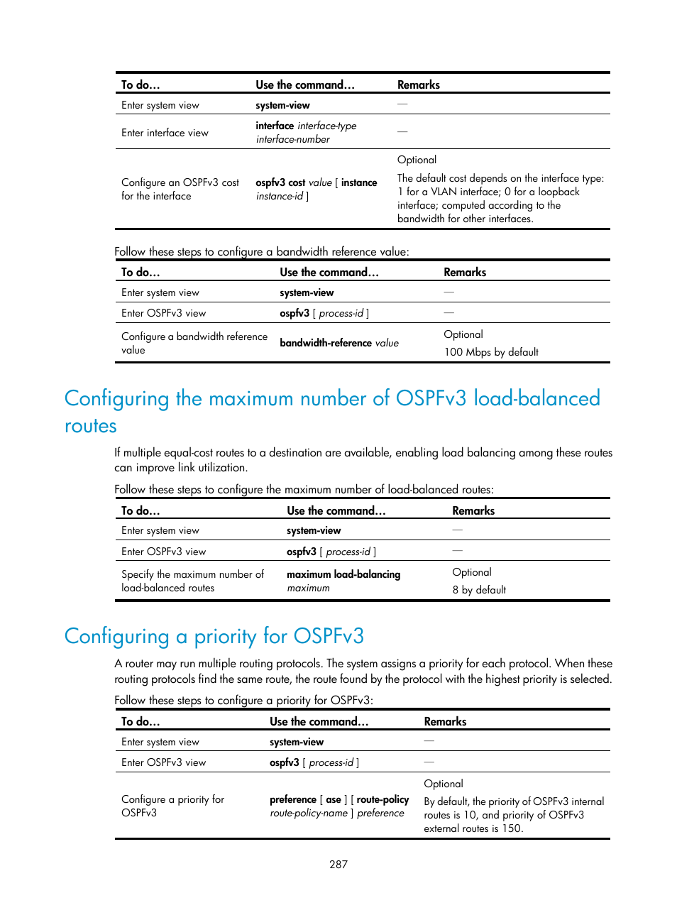 Configuring a priority for ospfv3 | H3C Technologies H3C S10500 Series Switches User Manual | Page 302 / 397