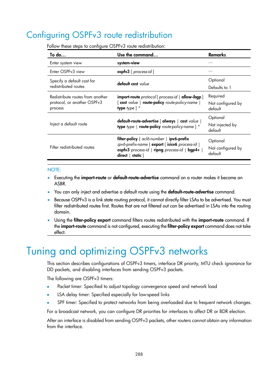 Configuring ospfv3 route redistribution, Tuning and optimizing ospfv3 networks | H3C Technologies H3C S10500 Series Switches User Manual | Page 303 / 397