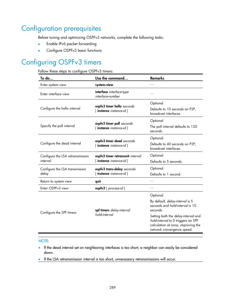 Configuration prerequisites, Configuring ospfv3 timers | H3C Technologies H3C S10500 Series Switches User Manual | Page 304 / 397