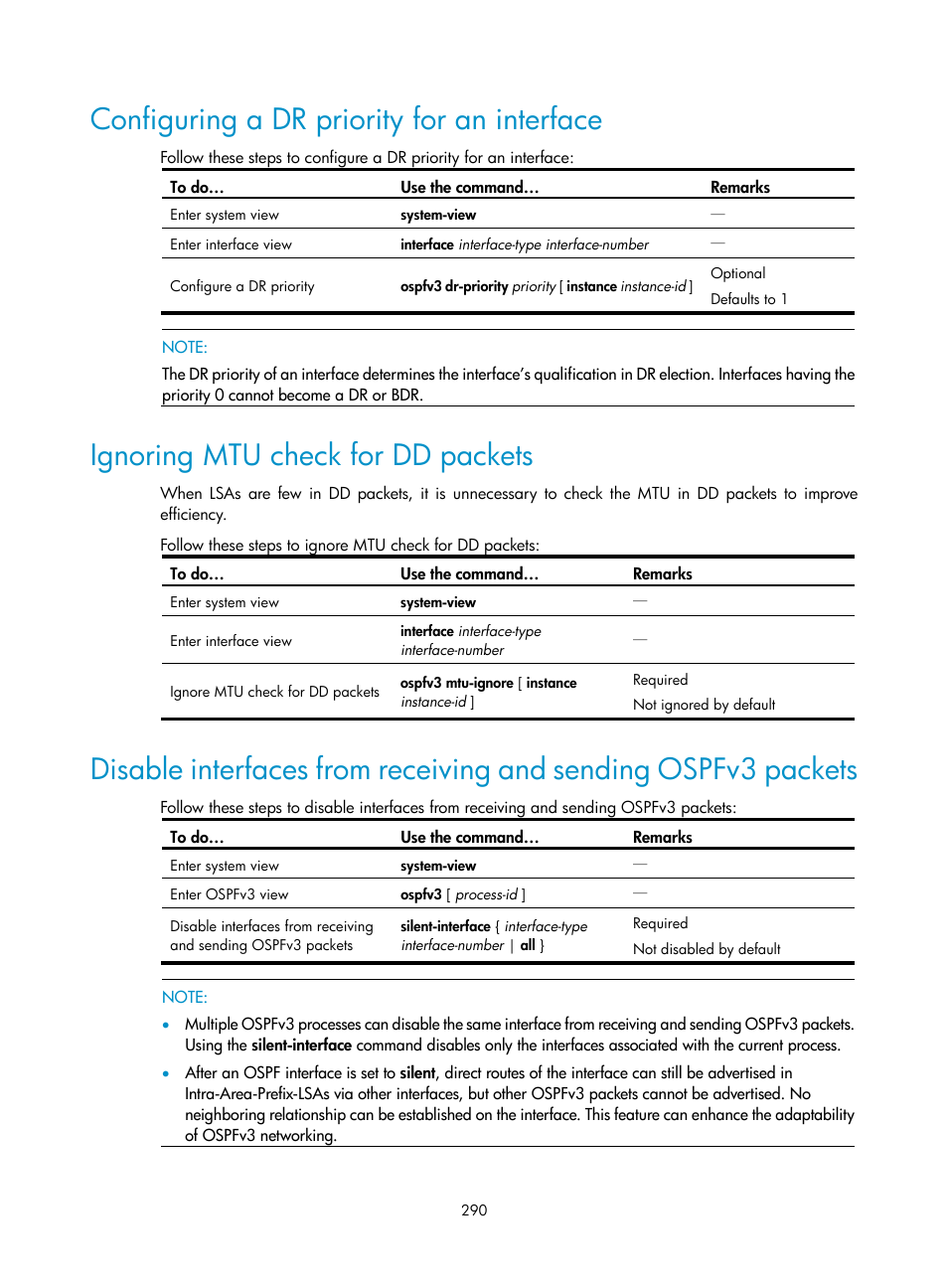 Configuring a dr priority for an interface, Ignoring mtu check for dd packets | H3C Technologies H3C S10500 Series Switches User Manual | Page 305 / 397