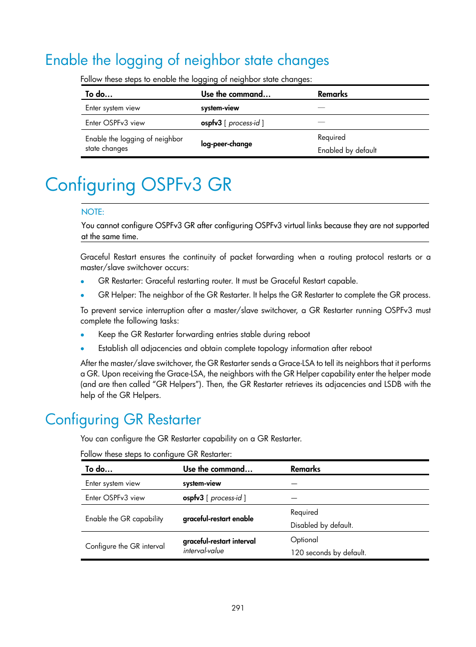 Enable the logging of neighbor state changes, Configuring ospfv3 gr, Configuring gr restarter | H3C Technologies H3C S10500 Series Switches User Manual | Page 306 / 397
