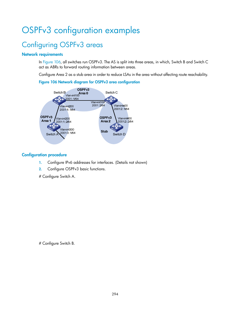 Ospfv3 configuration examples, Configuring ospfv3 areas, Network requirements | Configuration procedure | H3C Technologies H3C S10500 Series Switches User Manual | Page 309 / 397