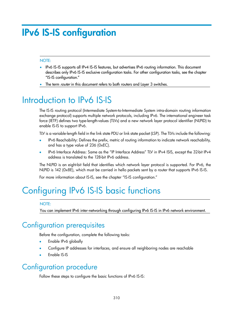 Ipv6 is-is configuration, Introduction to ipv6 is-is, Configuring ipv6 is-is basic functions | Configuration prerequisites, Configuration procedure | H3C Technologies H3C S10500 Series Switches User Manual | Page 325 / 397