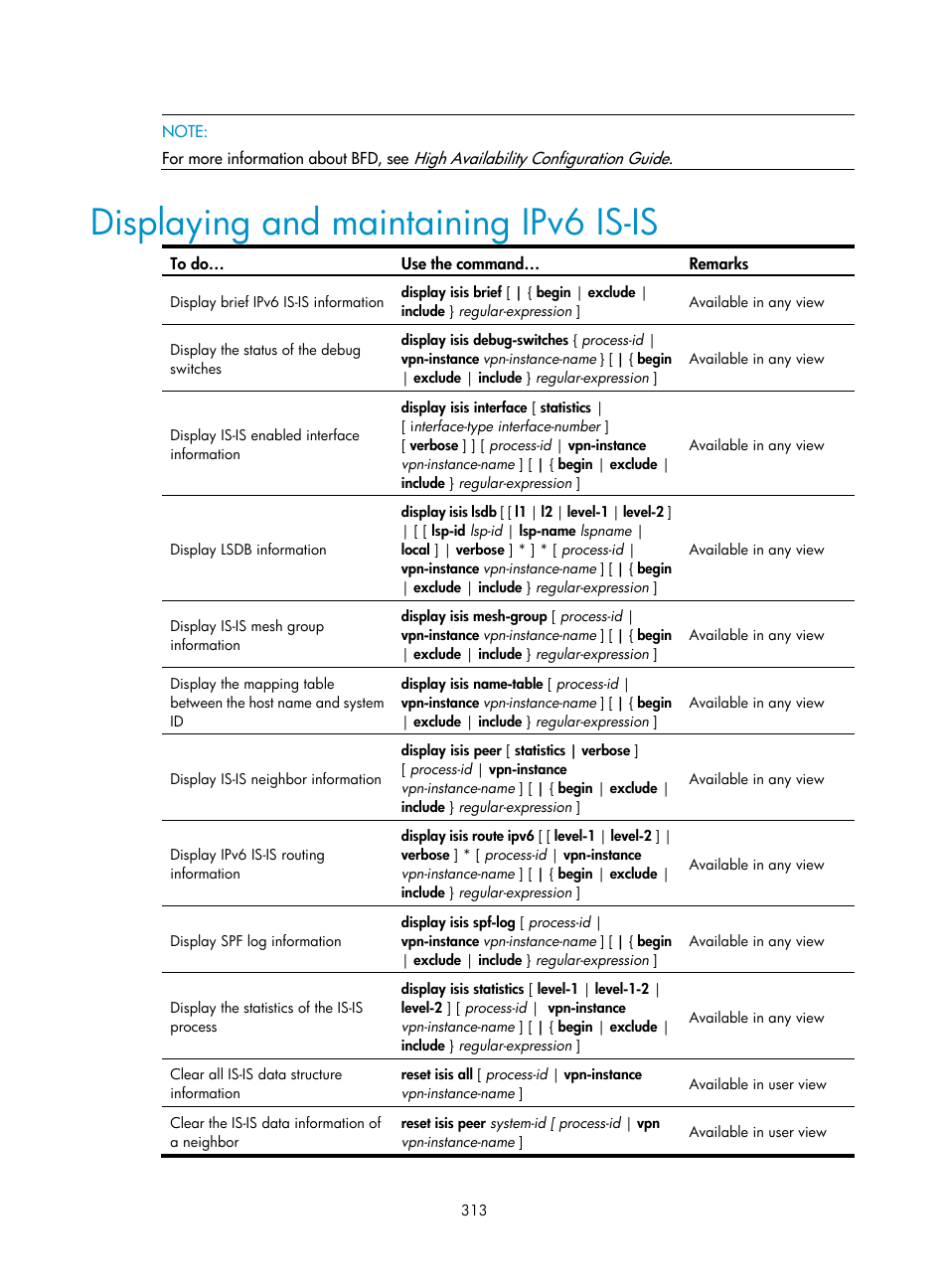 Displaying and maintaining ipv6 is-is | H3C Technologies H3C S10500 Series Switches User Manual | Page 328 / 397
