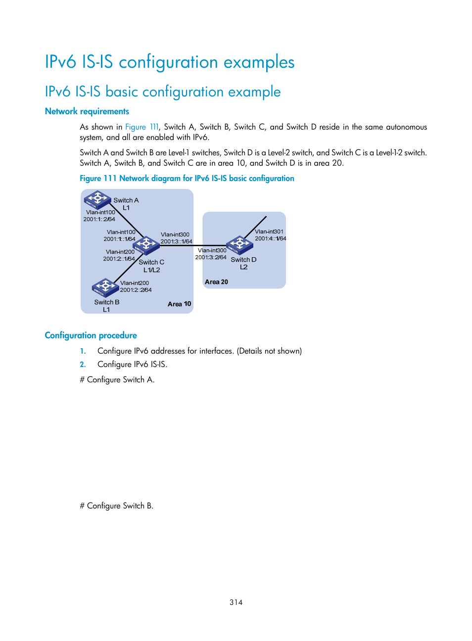 Ipv6 is-is configuration examples, Ipv6 is-is basic configuration example, Network requirements | Configuration procedure | H3C Technologies H3C S10500 Series Switches User Manual | Page 329 / 397