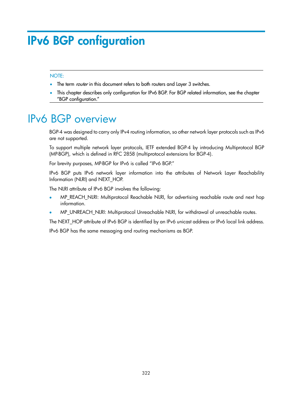 Ipv6 bgp configuration, Ipv6 bgp overview | H3C Technologies H3C S10500 Series Switches User Manual | Page 337 / 397
