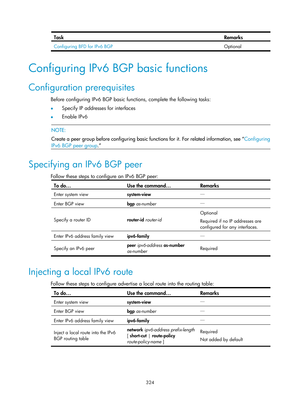 Configuring ipv6 bgp basic functions, Configuration prerequisites, Specifying an ipv6 bgp peer | Injecting a local ipv6 route | H3C Technologies H3C S10500 Series Switches User Manual | Page 339 / 397