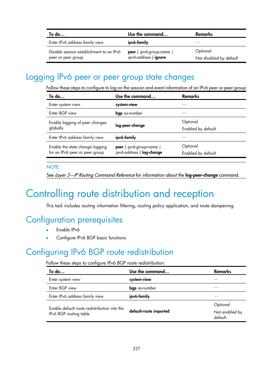 Logging ipv6 peer or peer group state changes, Controlling route distribution and reception, Configuration prerequisites | Configuring ipv6 bgp route redistribution | H3C Technologies H3C S10500 Series Switches User Manual | Page 342 / 397