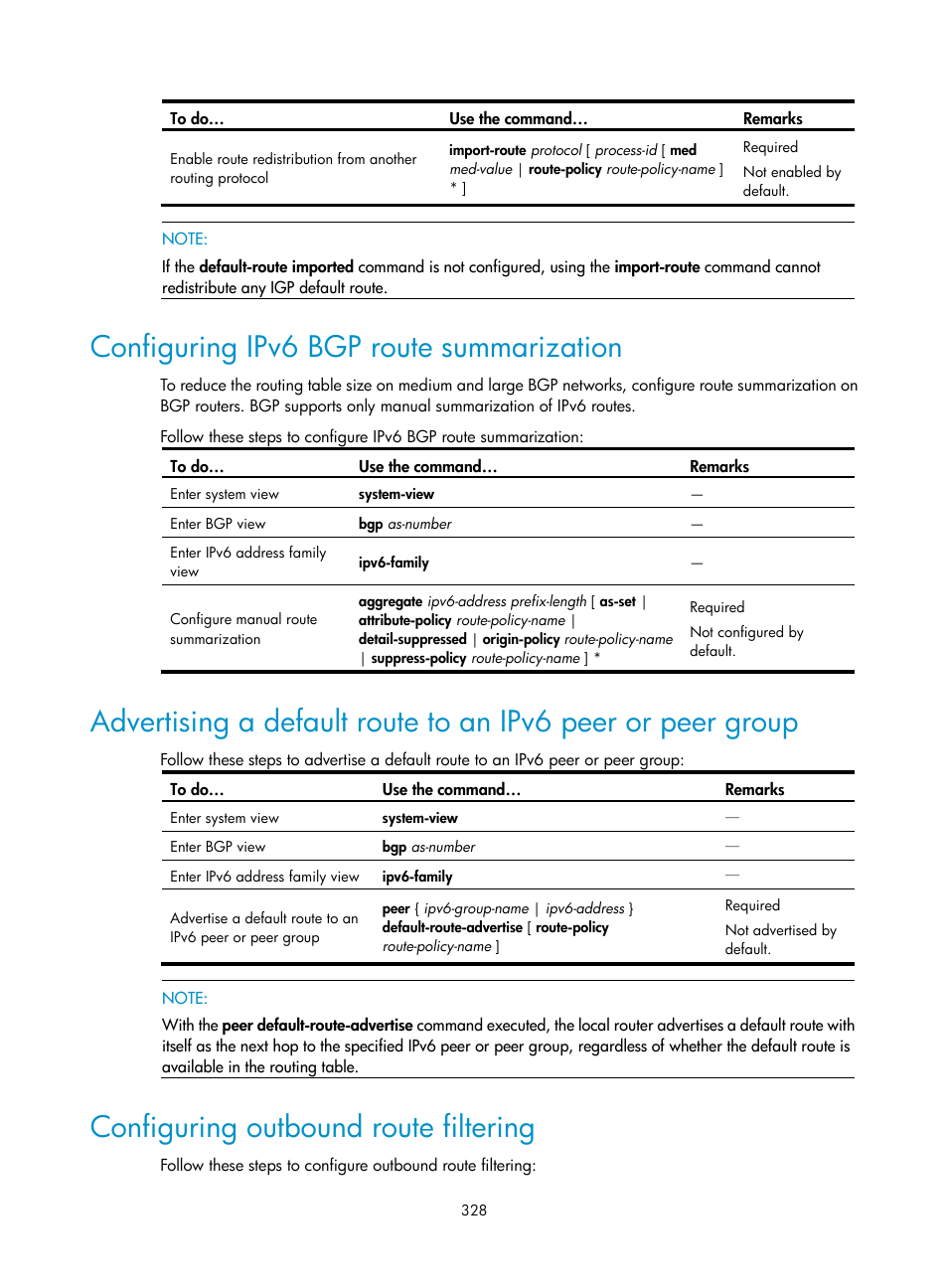 Configuring ipv6 bgp route summarization, Configuring outbound route filtering | H3C Technologies H3C S10500 Series Switches User Manual | Page 343 / 397