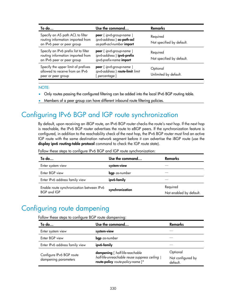 Configuring ipv6 bgp and igp route synchronization, Configuring route dampening | H3C Technologies H3C S10500 Series Switches User Manual | Page 345 / 397