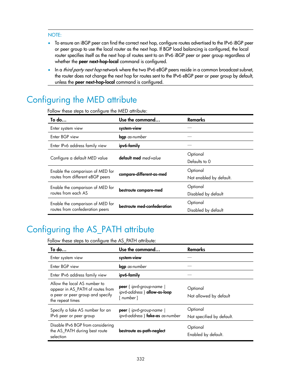 Configuring the med attribute, Configuring the as_path attribute | H3C Technologies H3C S10500 Series Switches User Manual | Page 347 / 397