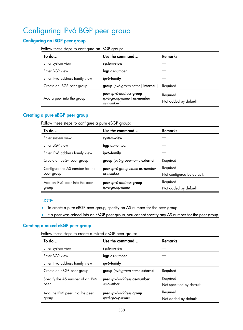 Configuring ipv6 bgp peer group, Configuring an ibgp peer group, Creating a pure ebgp peer group | Creating a mixed ebgp peer group, Configuring, Ipv6 bgp peer group | H3C Technologies H3C S10500 Series Switches User Manual | Page 353 / 397