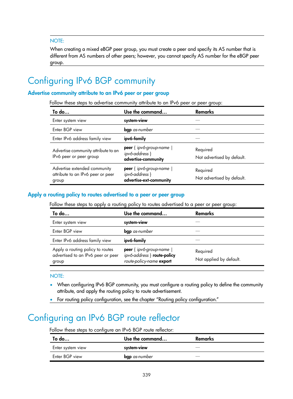 Configuring ipv6 bgp community, Configuring an ipv6 bgp route reflector | H3C Technologies H3C S10500 Series Switches User Manual | Page 354 / 397