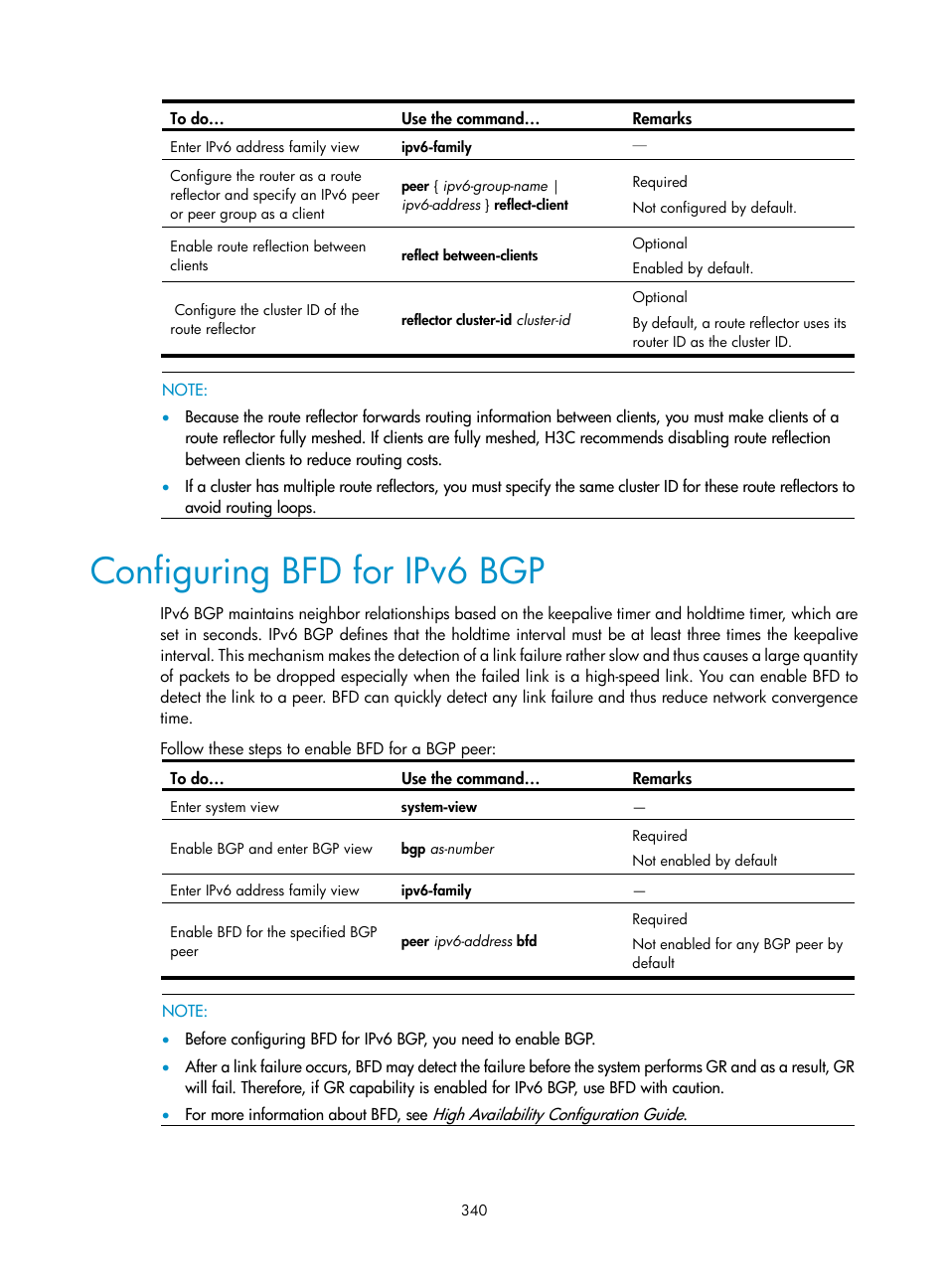 Configuring bfd for ipv6 bgp | H3C Technologies H3C S10500 Series Switches User Manual | Page 355 / 397