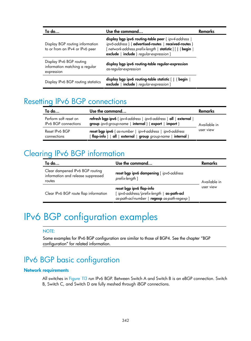 Resetting ipv6 bgp connections, Clearing ipv6 bgp information, Ipv6 bgp configuration examples | Ipv6 bgp basic configuration, Network requirements | H3C Technologies H3C S10500 Series Switches User Manual | Page 357 / 397