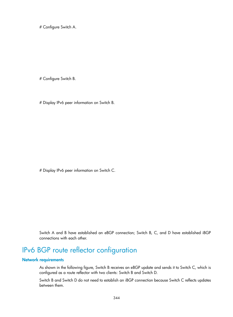 Ipv6 bgp route reflector configuration, Network requirements | H3C Technologies H3C S10500 Series Switches User Manual | Page 359 / 397